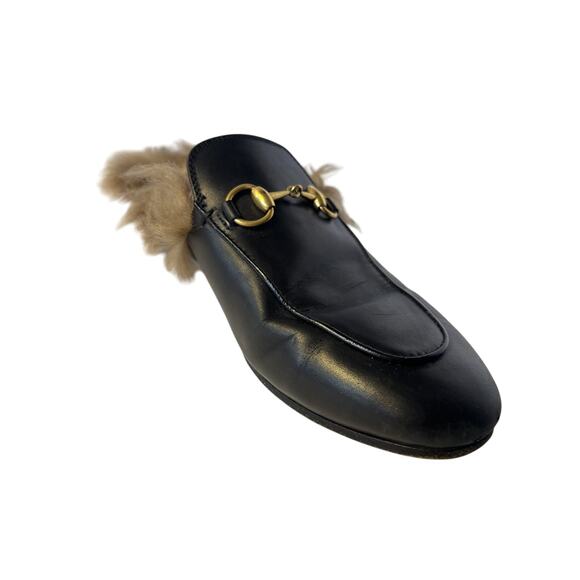 Gucci Princetown Black Leather Fur Lined Horsebit Mules Size 5.5 Designer Italy - Picture 6 of 7
